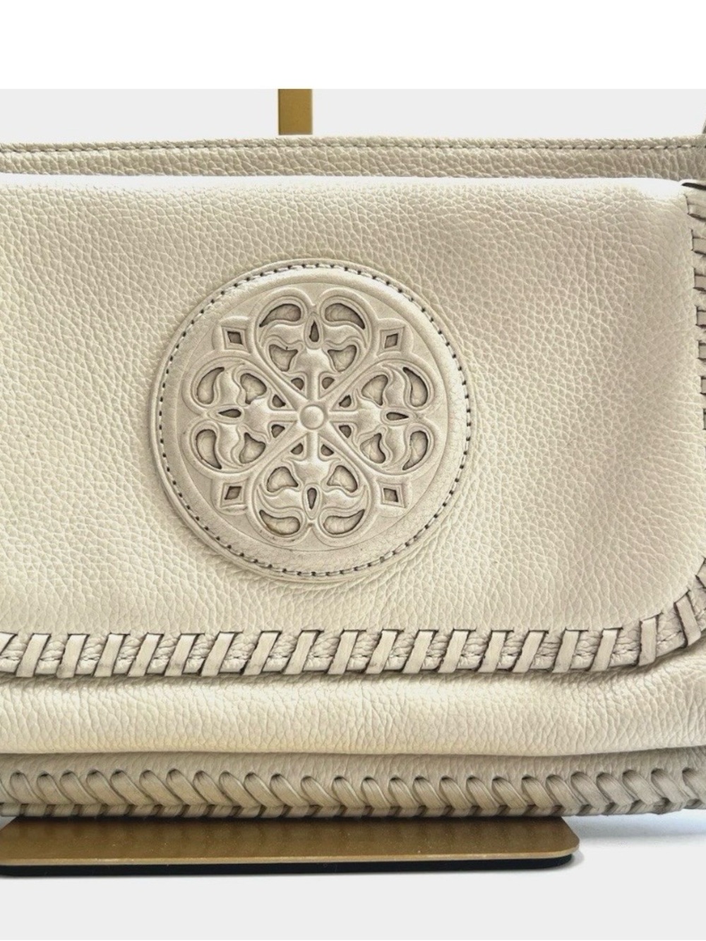 Brighton Lorena Ferrara Cream Leather Crossbody Handbag Decorative Medallion